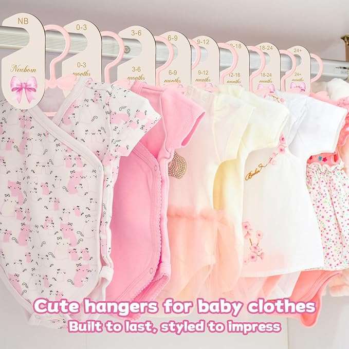 20 Pack Baby Clothes Hangers with 8Pcs Baby Closet Dividers and 8Pcs Clips, Non-Slip Toddler Clothing Hanger with Dividers for Sorting, Nursery Closet Organizer for Newborn Kids Boys Girls (Pink Bow)