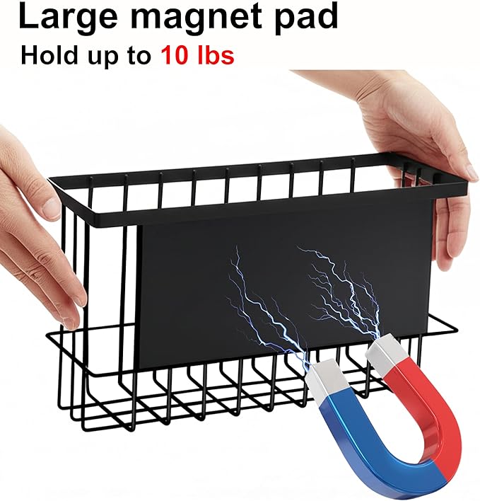 2 Pack Magnetic Basket, Magnetic Dryer Ball Holder for Laundry Room Dryer Ball Organization with 4 Caddy Adhesive Stickers, Cabinet Door Organizer for Kitchen Wrap Food Bag Tin Foil Storage, Black