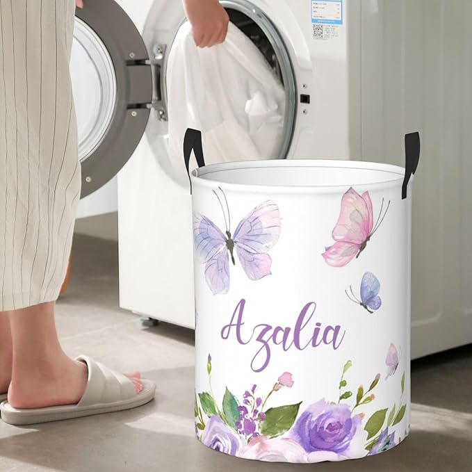 Personalized Laundry Basket for Nursery, Custom Nursery Laundry Hamper with Name, Customize Baby Clothes Circular Hamper for Boys Girls Room Decor, Floral Butterfly Purple