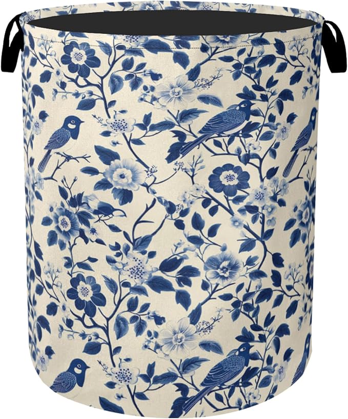 Navy Blue Beige Birds Laundry Basket - Heavy Duty 60L Dirty Clothes Organizer, Water Resistant Foldable Hamper for Men Women