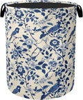Navy Blue Beige Birds Laundry Basket - Heavy Duty 60L Dirty Clothes Organizer, Water Resistant Foldable Hamper for Men Women