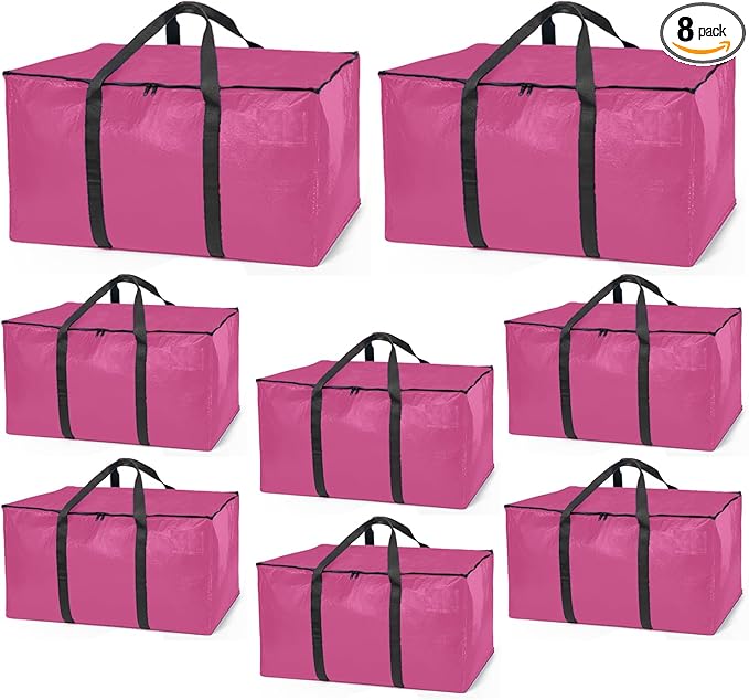 ClearSpace Heavy Duty Moving Bags or Storage Bags – Pink Storage Bins with Lids, Large Moving Boxes with Backpack Straps & Zippers,– Packing Box & Moving Supplies for College Dorm, 8 Pack