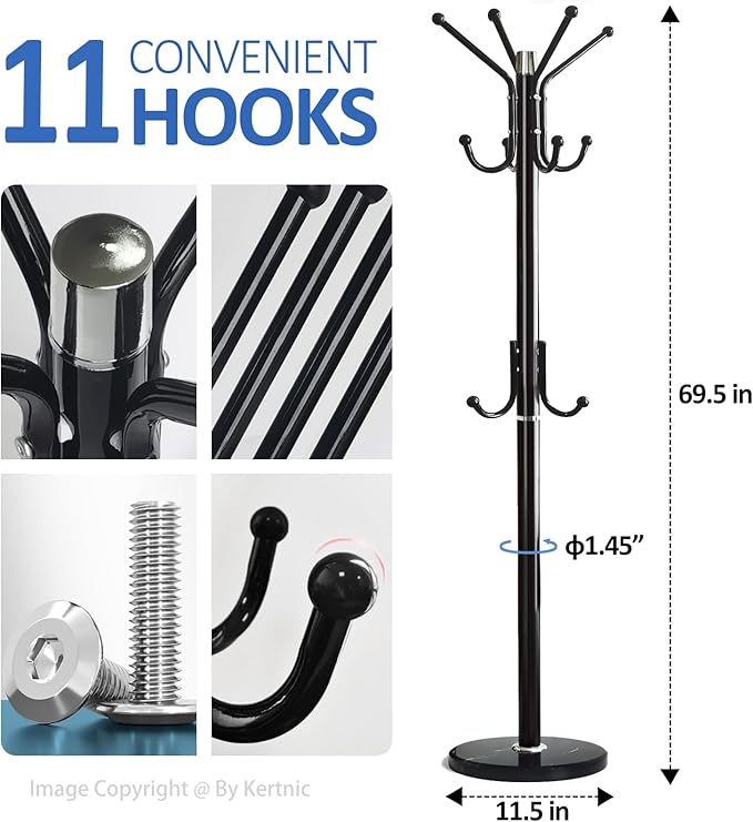 Kertnic Modern Coat Rack Freestanding with Natural Marble Base & Sturdy Metal Frame, 11 Hooks Hall Tree for Jackets, Hats, Bags, Entryway Organizer for Bedroom, Living Room, Closet (11 hooks-Black)