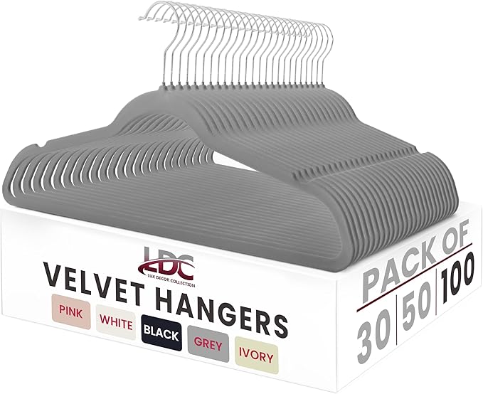 LDC Grey Velvet Hangers 100 Pack - Premium Non-Slip Clothes Coat Pants Felt Hanger for Closet - Heavy Duty Space Saving 360° Swivel Hook Hangars – Grey