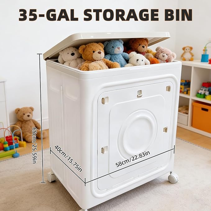 BorealBear Large Wheeled Storage Box, 35 GAL Collapsible Bin with Locking Lid & Easy-Snap Doors. Heavy-Duty Organizer for Laundry, Toys, Clothes – Perfect for Bedroom, Garage, Garden & Outdoor (White)