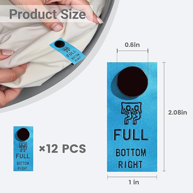 SheetSnaps Full Size Bed Sheet Labels – 12-Pack Snap-On Color Tags for Full Sheets – Blue – Washable Linen Closet Organizer, Sheet Corner Identifier, Easy Bed-Making for Full Beds