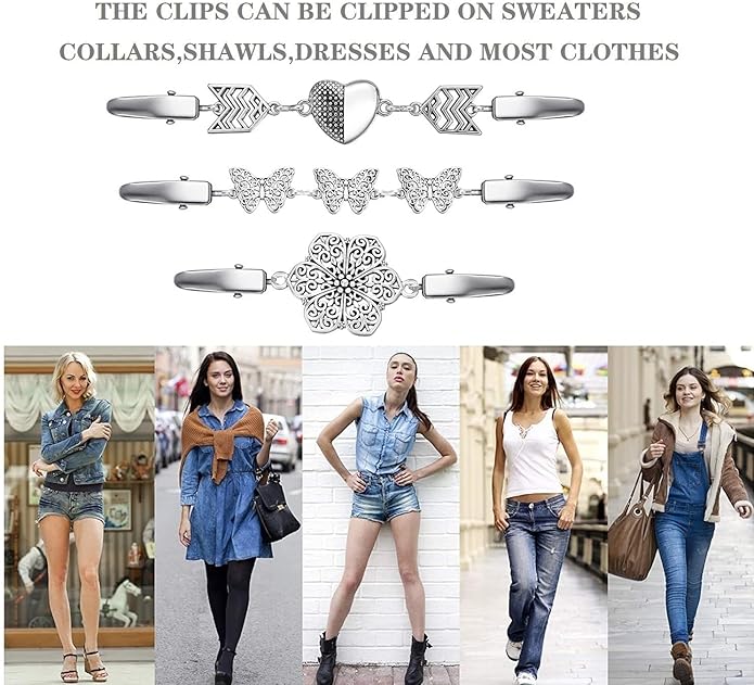 Vintage Sweater Clips Shawl Dresses Shirt Clips Retro Cardigan Collar Chain Clips Brooch Pins for Women