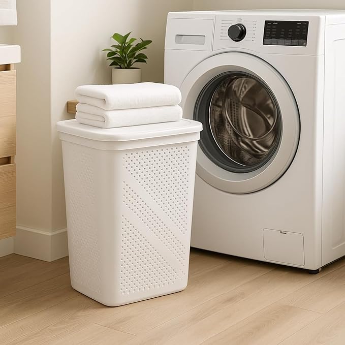 Slim Laundry Hamper with Lid, 60L Clothes Basket, Plastic laundry basket,for Home Storage Clothes Organizer, Laundry Room, College Dorm White