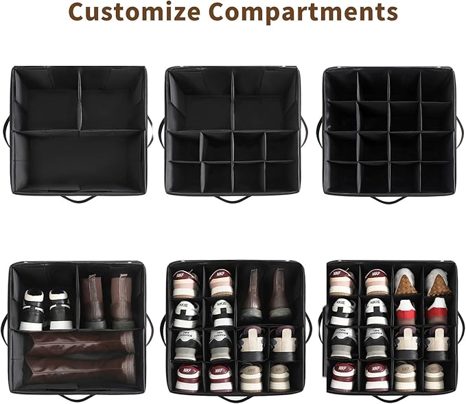 Varhomax Shoe Organizer Box for Closet, Fabric Shoe Storage Bin with Adjustable Dividers & Clear Cover, Holds up 16-32 Pairs of Sneakers & Sandals for Entryway, Cubby (Rust Brown)