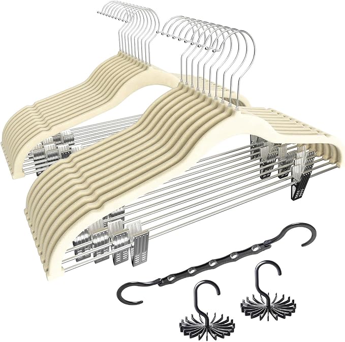 VECELO 20 Pack Velvet Clothes Hangers with Adjustable Clips,Heavy-Duty Non Slip & Space-Saving with 1 Magic Hangers & 2 Tie Rack for Suit Coat Pants Skirt Dresses