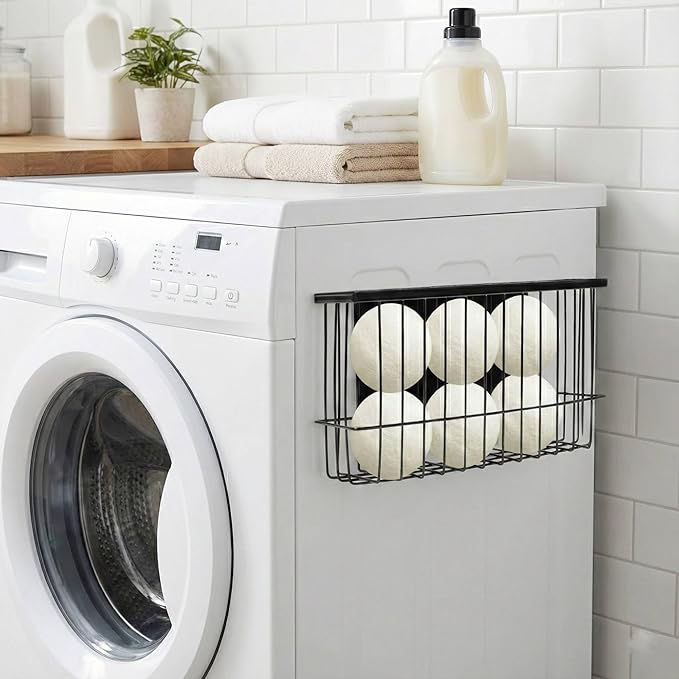 Magnetic Dryer Ball Holder for Laundry Room, Magnetic Lint Bin Basket Organization Storage, Iron Built-in Magnet Dryer Ball Basket Fridge Container for Laundry Room Storage Organizer