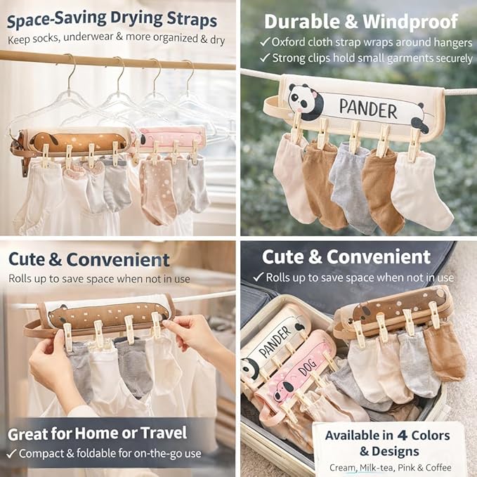 FOLAI 4-Pack Portable Fabric Products Travel Hangers Foldable Suitcase Clothespin Small Clothes pin Rack with 6 Clips（Animal-Themed）