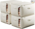 Large Canvas Clothes Storage Bags with Thick Handles and Clear Window, Foldable Cotton Linen Underbed Closet Organizer for Clothing, Blankets and Bedding, 60L, 4 Pack, Beige