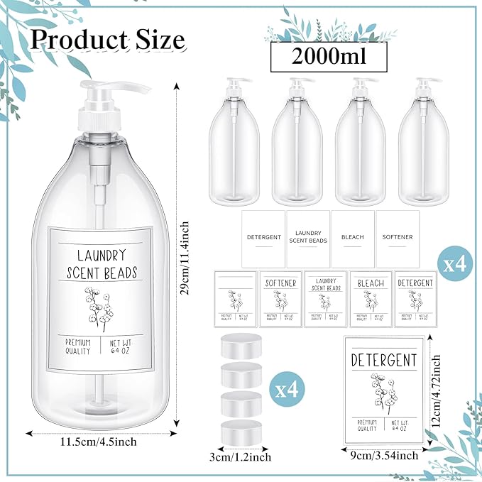 Nuenen Laundry Detergent Dispenser for Fabric Plastic Pump Laundry Soap Detergent Dispenser with Lids and 36 Labels for Farmhouse Decor, White 64oz Set of 4(White)