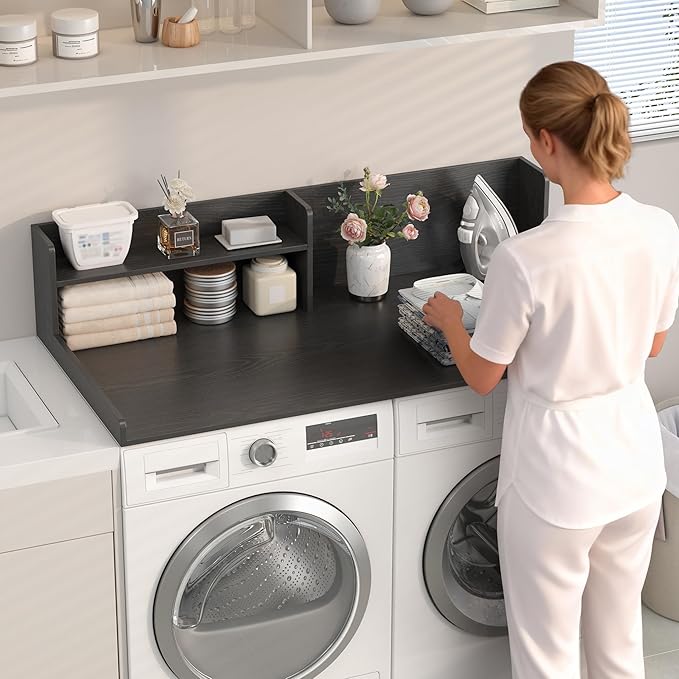 Washer Dryer Countertop, White - 2-Tier Wood 54" x 27.5" Laundry Topper with Safety Guard & Non-Slip Pads, Over The Washer Dryer Folding Shelf for Maximum Space Saving (Black)