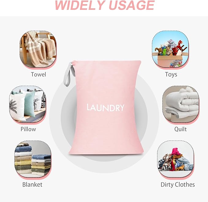 WiseBoy Laundry Bag, 23.6x35 inch Oversized Laundry Bags, Travel Laundry Bag Dirty Clothes Organizer, Nylon Wet Dry Storage Bag for College Dorm, Camping, Caravan, Pink