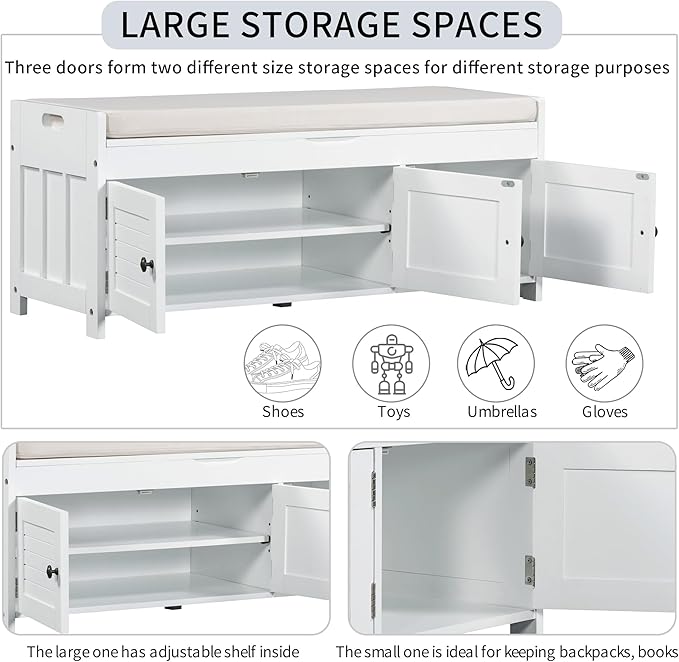 SOFTSEA Storage Bench with 3 Shutter-Shaped Doors Wood Entryway Bench Shoe Bench with Removable Cushion and Hidden Storage