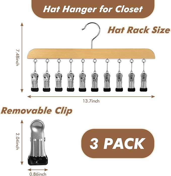 Hat Hangers for Closet, 3 Pack Hat Organizer Hanger with 10 Adjustable Stainless Steel Clips, Cap Organizer for Closet, Hats Holder for Ball Caps & Accessories