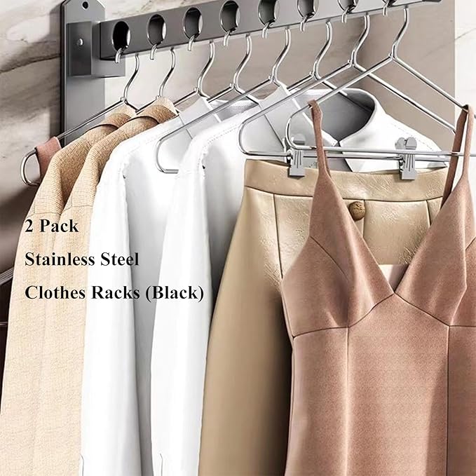 2 Pack Stainless Steel Clothes Hangers Drying Racks, Wall Mount Folding Garment Racks, Matte Black Coat Hanger Racks, Space Saver Clothing Closet Racks Storage Organizer for Laundry Bedroom Bathroom