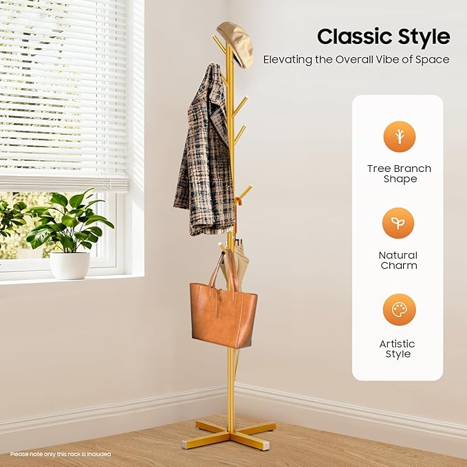 Freestanding Iron Coat Rack with 7 Hooks, Tree-Shaped Clothes Tree Stand for Entryway & Hallway, 68.11in Heights, Durable Metal Coat Rack with Easy Assembly (Gold)