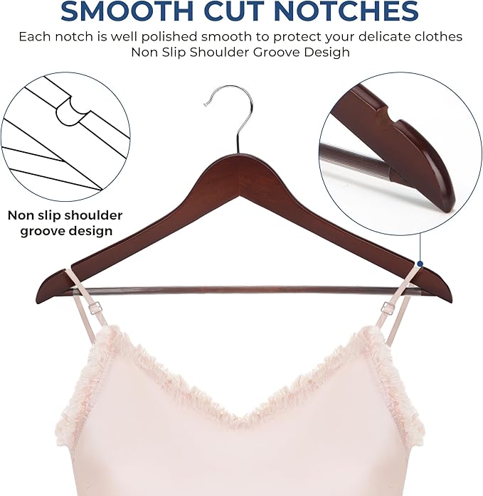 JS HANGER Wooden Coat Hangers, 20 Pack High Grade 17.5 Inch Wood Suit Hangers with Non Slip Pant Bar - Extra Smooth and Splinter Free Walnut Finish