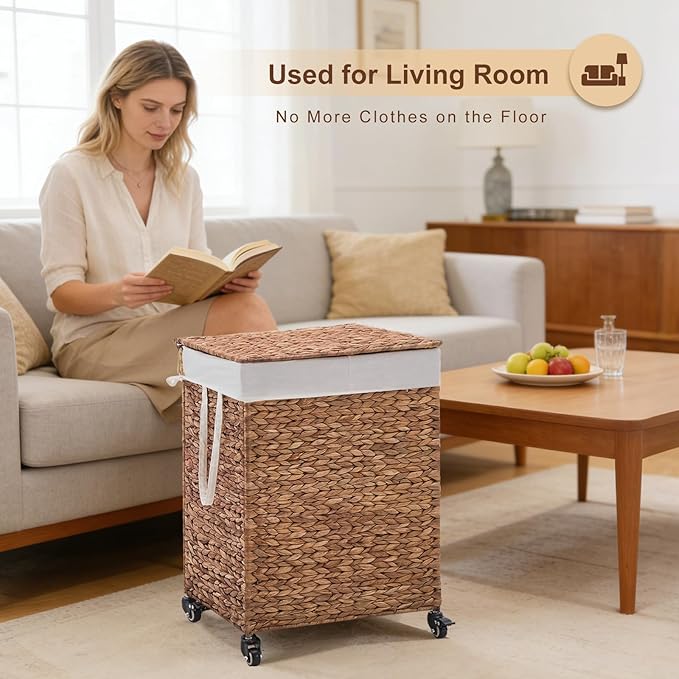 2-Section Laundry Hamper with Lid, Large Capacity Woven Natural Water Hyacinth Laundry Sorter with Removable Liners, Rolling or Non-Slip Design for Bedroom (Espresso, 100L)
