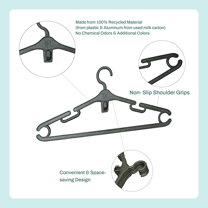 Eco-Friendly Cloth Hangers- Pack of 10- Made from 100% Recycled Milk Cartons- Sustainable Adult Hanger, Non Slip Notches - Ideal for Dresses Coats,Shirts, Skirts & More