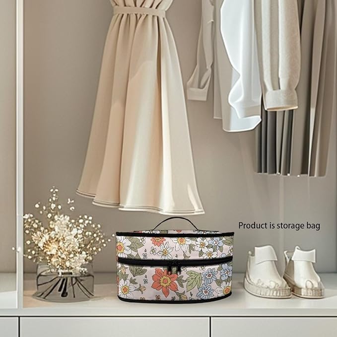 Pastoral Style Iron Portable Storage Bag for Travel or Storage Daisy Rose Iron Storage Case with Zipper Closure