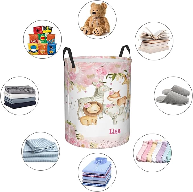 Giraffe Lion Pink Flower Personalized Laundry Basket Name Clothes Hamper with Handles Waterproof Laundry Storage Baskets for Bedroom Bathroom Decor.