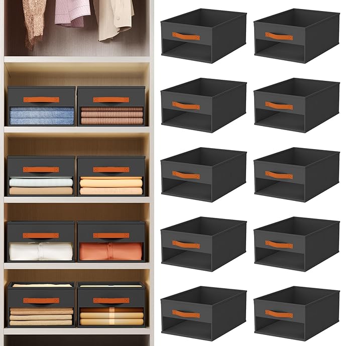 Drawer Organizers and Storage - 10 Pack Foldable Pants Organizer with Clear Window & Handles, Fabric Closet Organizer for Clothes, Jeans, Sweaters, Towels, T-shirt, Scarf (Black)