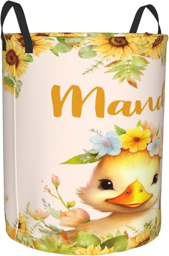 Personalized Duck Sunflower Laundry Basket For Baby Kids Boys Girls Adult Custom Hamper Basket With Name For Bathroom Bedrooms Collapsible Baby Laundry Basket, Dirty Clothes Hamper With Handles
