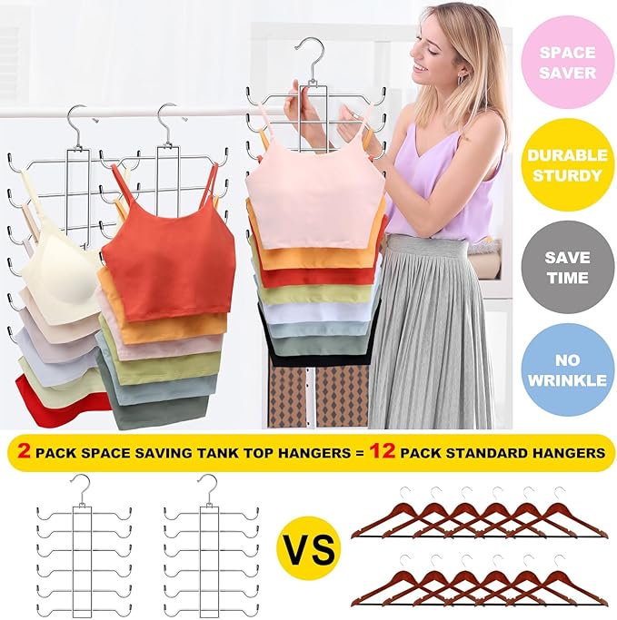 Metal Tank Top Hanger 2 Pack, Space Saving Bra Organizer with 24 Easy Access Hooks, 360° Swivel Closet Organizers and Storage, Apartment College Dorm Room Essentials, Small Space Organization Solution