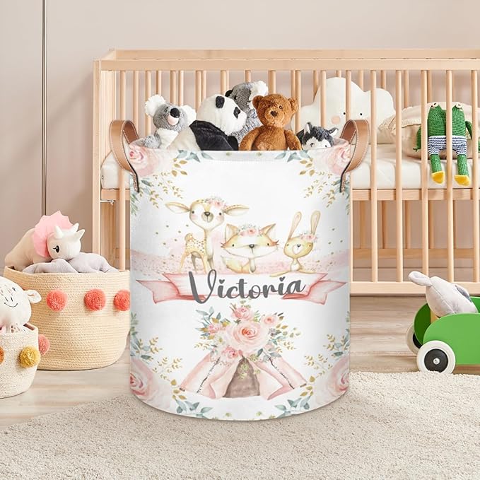 Personalized Laundry Basket, Custom Gift Laundry Hamper, Collapsible Nursery Waterproof Laundry Baskets, Dirty Clothes Toy Hamper with Handles Boho Woodland Animals