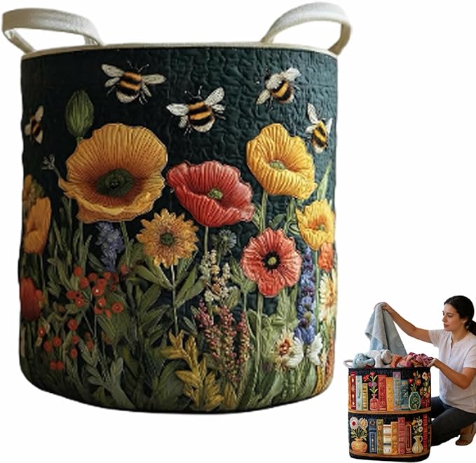 Quilted Laundry Basket, Quilted Laundry Basket with Handles, Boho Fabric Floral Storage, For Bedroom Laundry (#17, 16"L x 16"W x 22"H)