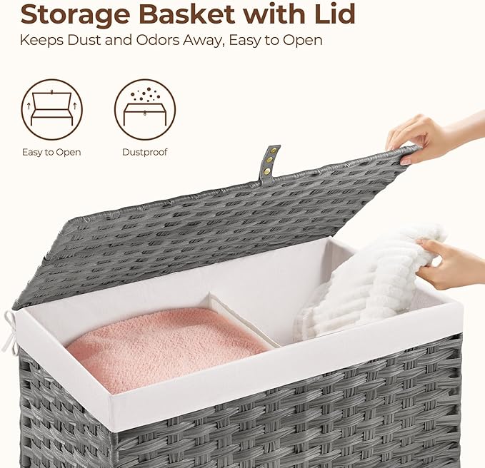 GREENSTELL Storage Basket with Lid, 42.3 Gallon(160L) Lagre Wicker Blanket Storage Basket with Handles, Foldable, 2 Removable Liner Bags, Metal Frame, for Bedroom, Laundry Room, Grey,30"*18.1"*18.1"