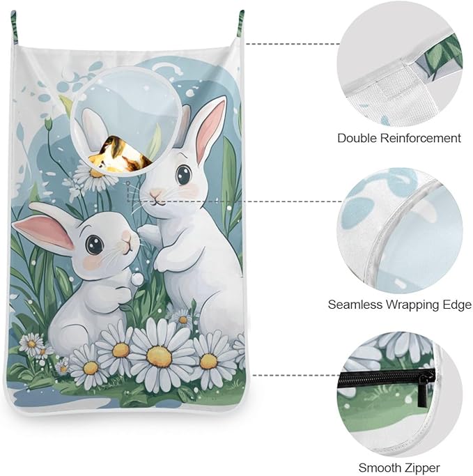 Hanging Laundry Hamper Over the Door with Stainless Steel Hooks Rack Dirty Clothes Wall Mounted Hamper Basket Bag 29.5X20inch Blue and White Easter Bunny Daisy