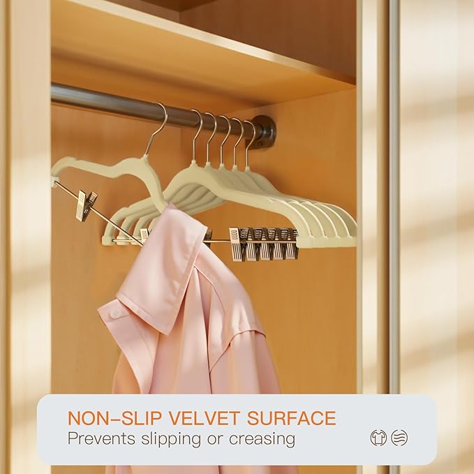 Flottian 24 Pack Beige Velvet Pants Hanger,Velvet Hangers with Clips Adjustable,Space-Saving Slim Flocked Hanger,Heavy Duty Non Slip Hangers for Skirts,Coats,Pants,Dress