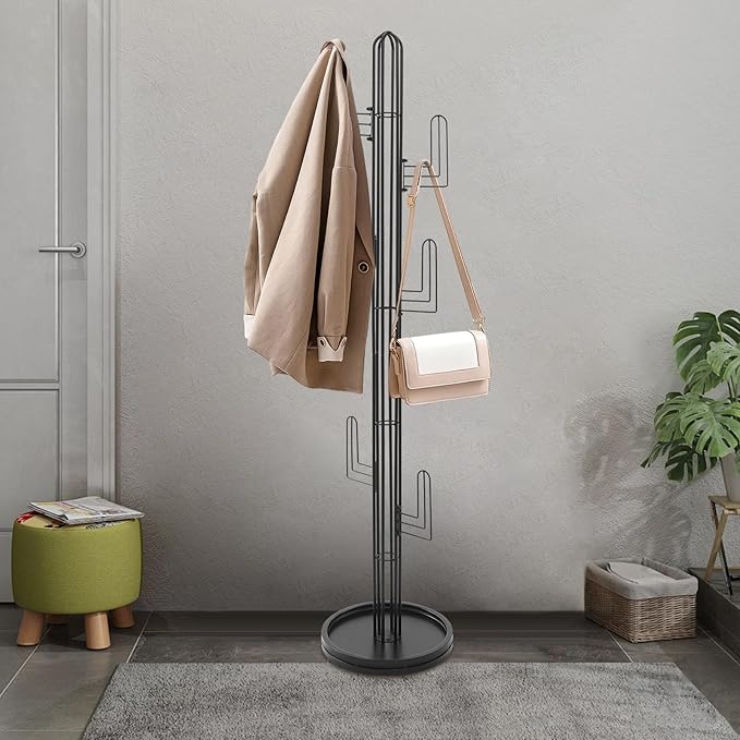 Cactus Coat Rack, Freestanding Coat Rack With 6 Hooks, Modern Metal Coat Racks with Round Base, Gold Cactus Shape Clothing Stand for Bedroom, Office (White)