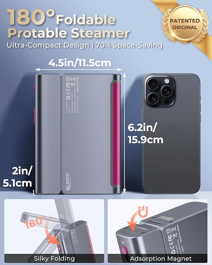 Travel Steamer for Clothes, 1200W Dual Voltage 110-220V Portable Handheld Steamer with Pluggable Cable & Foldable Design, 15s Fast Heat, 2 in 1 Steam Iron with 110ml Tank for Europe, Global