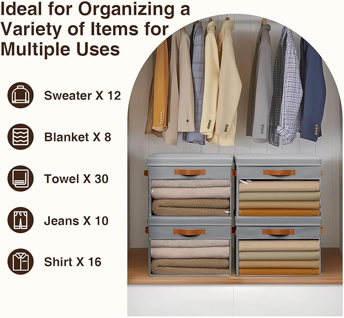 Large Storage Bins with Lids - 3 Pack Foldable Decorative Organizers with Clear Windows & Handles, Cube Storage Organizers for Clothes, Blankets, Sweaters, Sheets, Grey