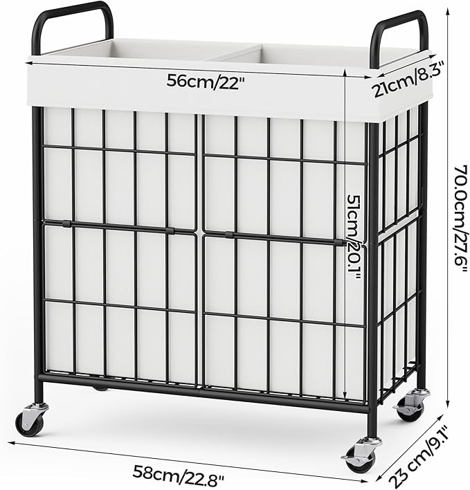 2 Section Laundry Hamper with Wheels and Brake, 100L Laundry Sorter Cart with 2 Removable Machine Washable Liner Bags, Metal Handle, Rolling Laundry Basket with Lid for Bedroom Laundry Room