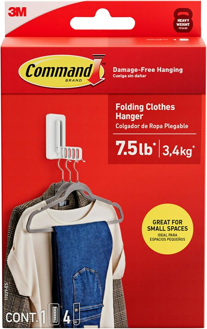 Command Folding Clothes Hanger, Holds up to 5 Hangers 7.5 lb, 1.5lbs per Rung, 1 Hook with 5 Rungs, 4 Strips, Closet Organizer, Home Organization (2 Pack)