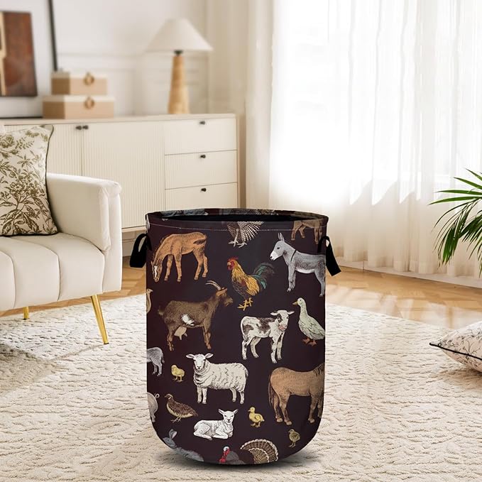 Cute Farm Animals Laundry Basket, Laundry Hamper Collapsible Oxford Cloth with Handle Clothes Toy Storage Bin for Bathroom Laundry Room Bedroom 15.7 X 20 Inch