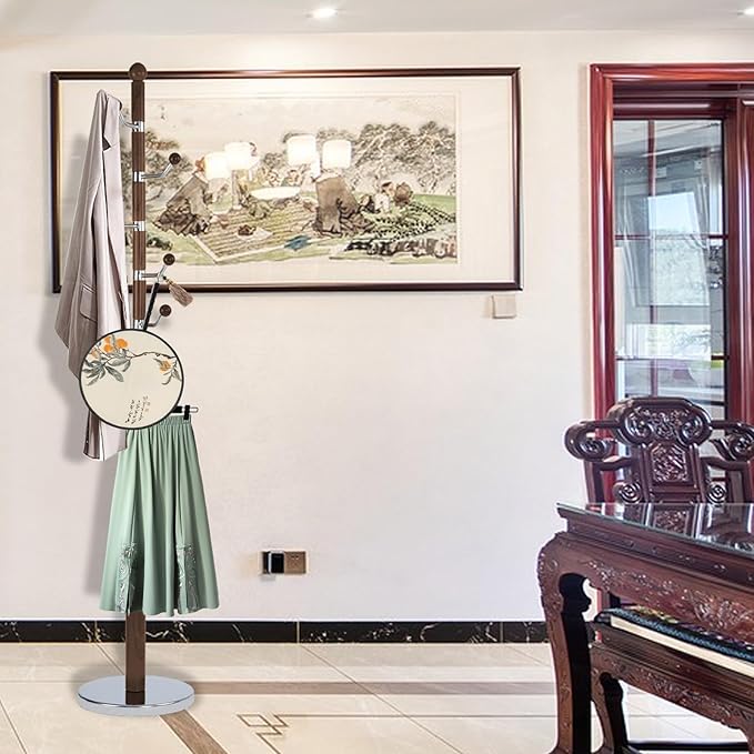 Coat Rack Freestanding, Wooden Tree Coat Rack Stand with 3 Adjustable Sizes Coat Tree and 11 Hooks, Sturdy Hall Tree with Solid Round Base for Entryway, Hallway,Bedroom (Walnut Metal)