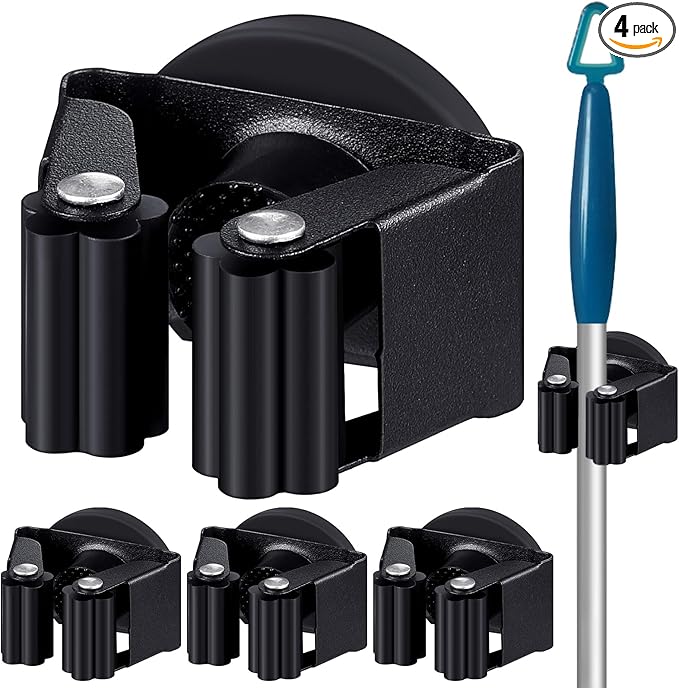 4 Pcs Magnetic Mop Broom Holder Movable Magnetic Broom Holder Rack, Anti Slip Wall Mounted Utility for Cleaning Tools, Garage, Kitchen, Laundry, Garden (Black)