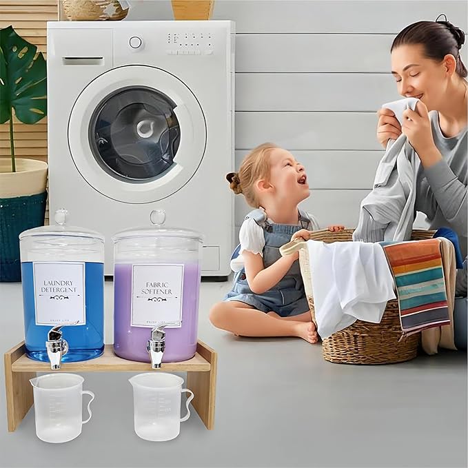 Glass Laundry Detergent Dispenser 2 Pack Soap Cloth Softener Dispenser with Bamboo Stand Measuring Cup Spigots Label Laundry Room Bathroom Countertop Glass Dispenser Set for Fabric Care Large Capacity