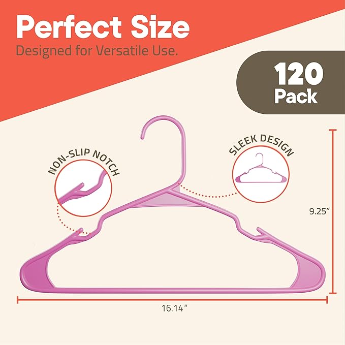 Pink Plastic Hangers 120 Pack– Heavy-Duty Plastic Hangers Slim and Space-Saving, Durable and Lightweight PP with Non-Slip Shoulder Notches for Slip Dresses, Suits, Jackets & Camisoles