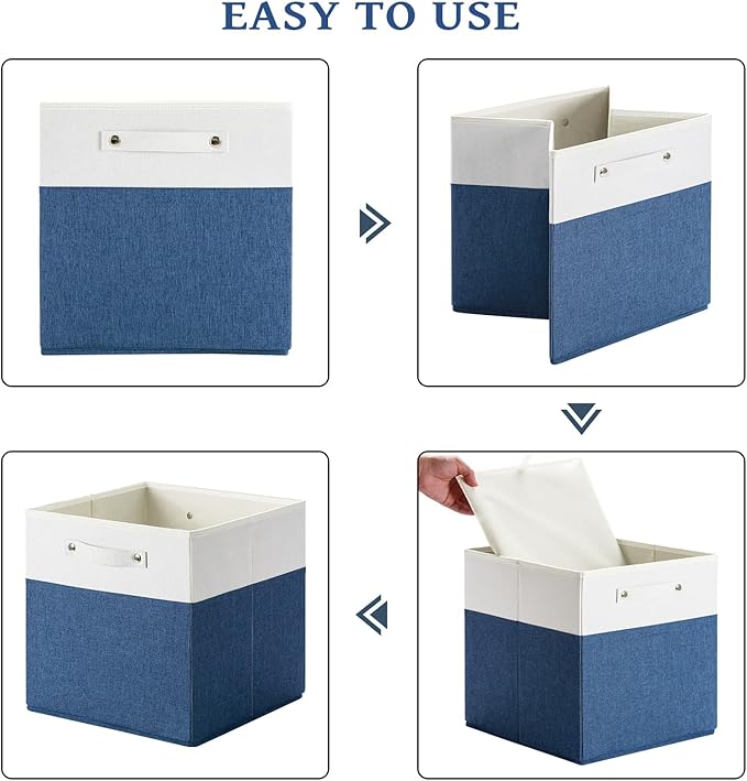 13 x 13 Inch Fine Linen Storage Bins with Handles，Fabric Cube Boxs，Basket Organizers for Shelves for Home, Closet Drawers (White/Blue-4 Pack)