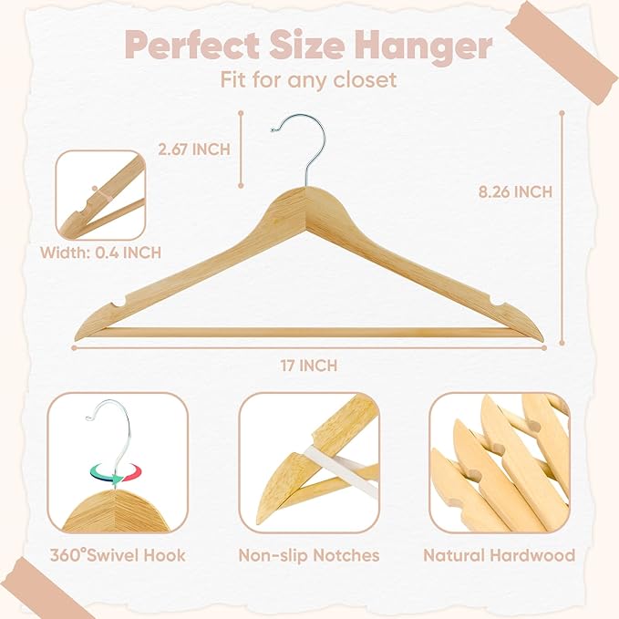 FairyHaus Wooden Hangers - 20 Pack, Natural Wood Hangers with 360 Swivel Hook and Notches, Slim & Lightweight Wooden Hanger for Clothes, Coats, Suits & Jackets