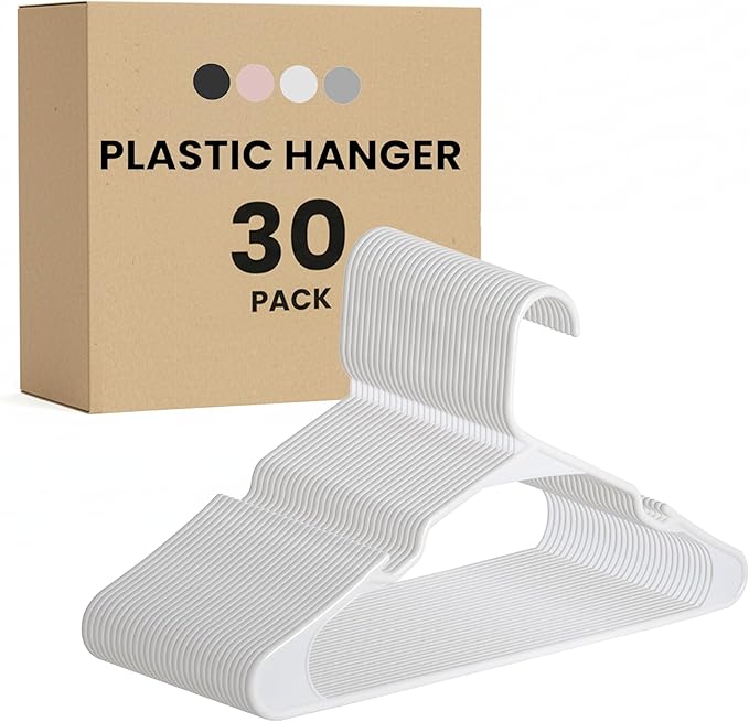 InfiniPower 30 Pack Plastic Hangers, Heavy Duty Hangers with Non-Slip Swivel Hooks for Shirts/Coats/Dresses, White